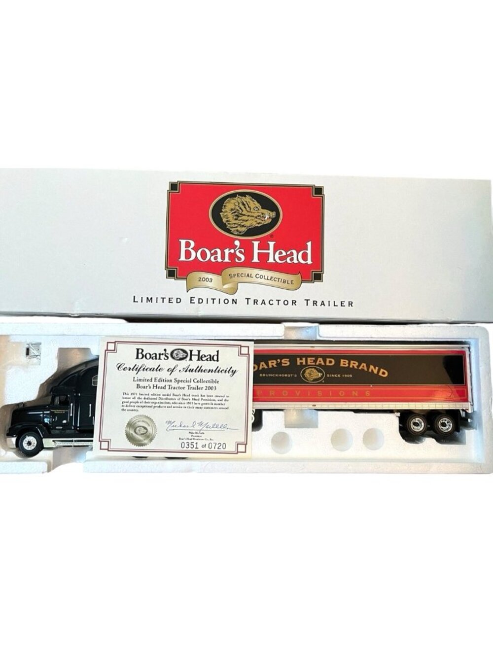 Boar's Head Brtand Ltd Ed Die Cast Metal Tractor Trailer 2003 First Gear COA Box